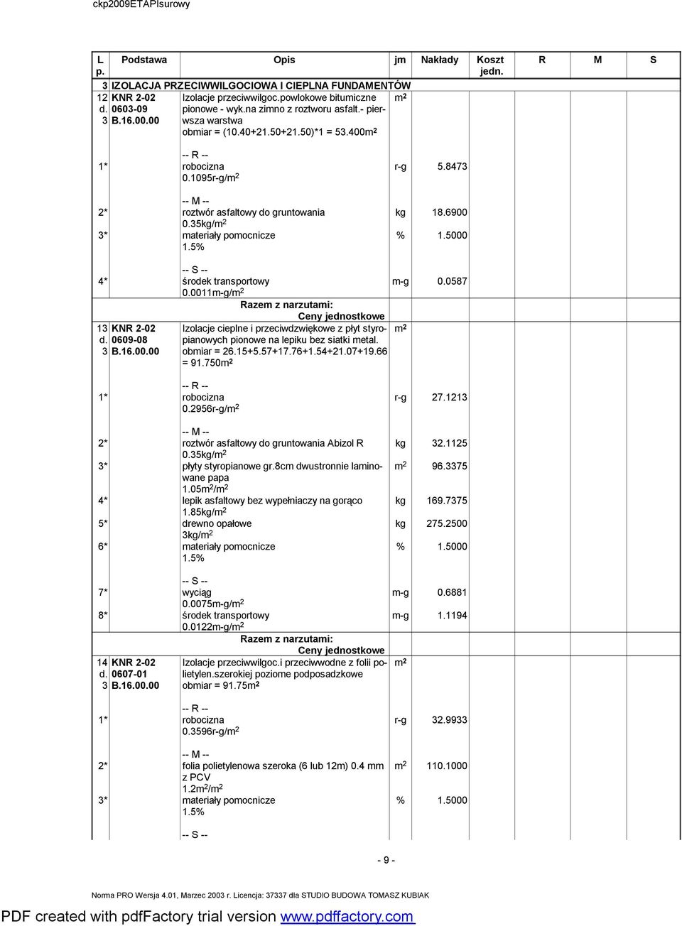 0587 13 KNR 2-02 d. 0609-08 3 B.16.00.00 Izolacje cieplne i przeciwdzwiękowe z płyt styropianowych pionowe na lepiku bez siatki metal. obmiar = 26.15+5.57+17.76+1.54+21.07+19.66 = 91.750 0.