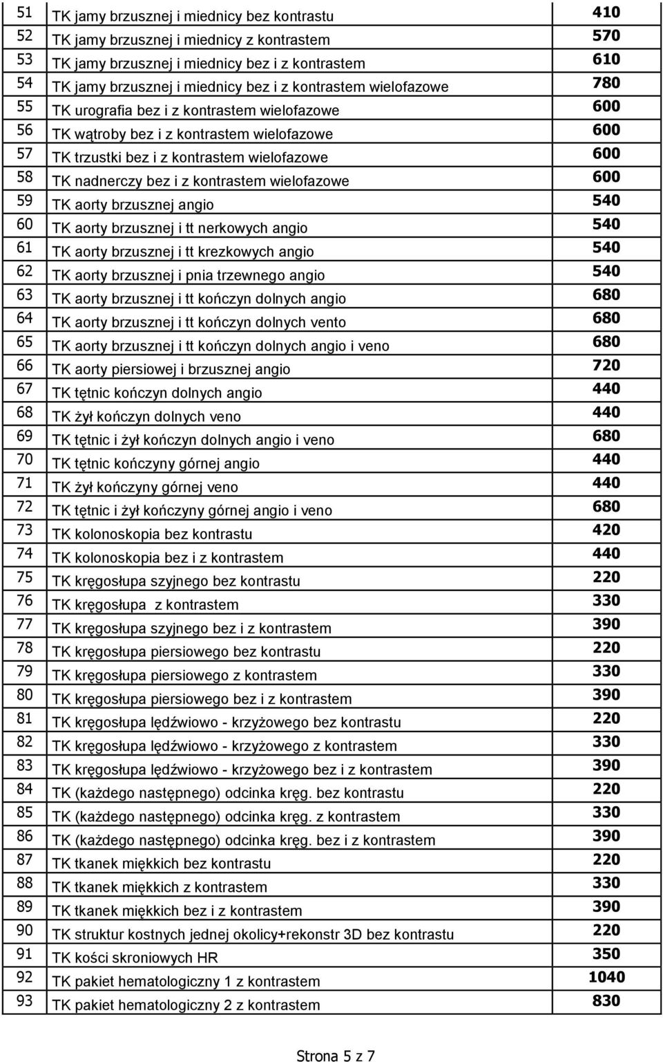 z kontrastem wielofazowe 600 59 TK aorty brzusznej angio 540 60 TK aorty brzusznej i tt nerkowych angio 540 61 TK aorty brzusznej i tt krezkowych angio 540 62 TK aorty brzusznej i pnia trzewnego