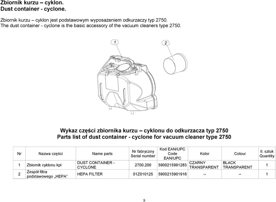 Wykaz części zbiornika kurzu cyklonu do odkurzacza typ 2750 Parts list of dust container - cyclone for vacuum cleaner type 2750 Nr Nazwa części Name