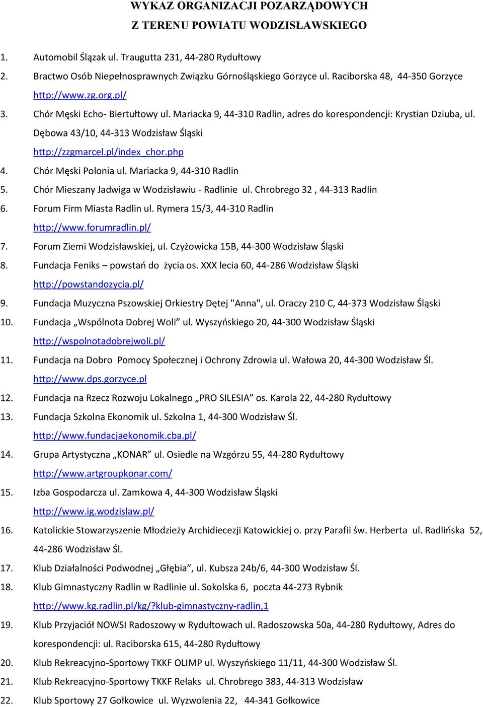 Dębowa 43/10, 44-313 Wodzisław Śląski http://zzgmarcel.pl/index_chor.php 4. Chór Męski Polonia ul. Mariacka 9, 44-310 Radlin 5. Chór Mieszany Jadwiga w Wodzisławiu - Radlinie ul.