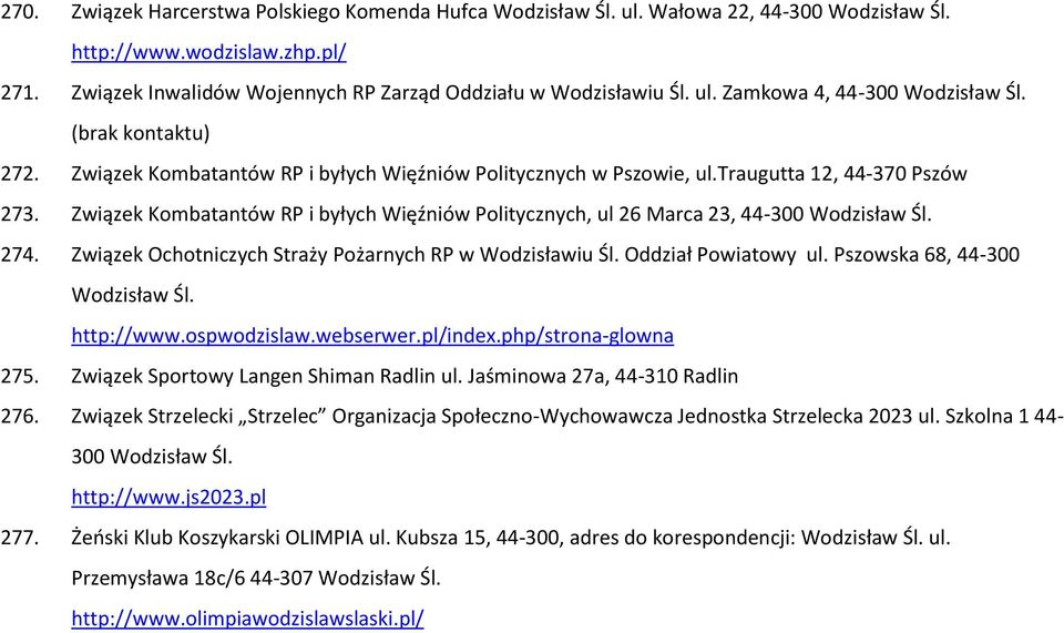 Związek Ochotniczych Straży Pożarnych RP w Wodzisławiu Śl. Oddział Powiatowy ul. Pszowska 68, 44-300 http://www.ospwodzislaw.webserwer.pl/index.php/strona-glowna 275.