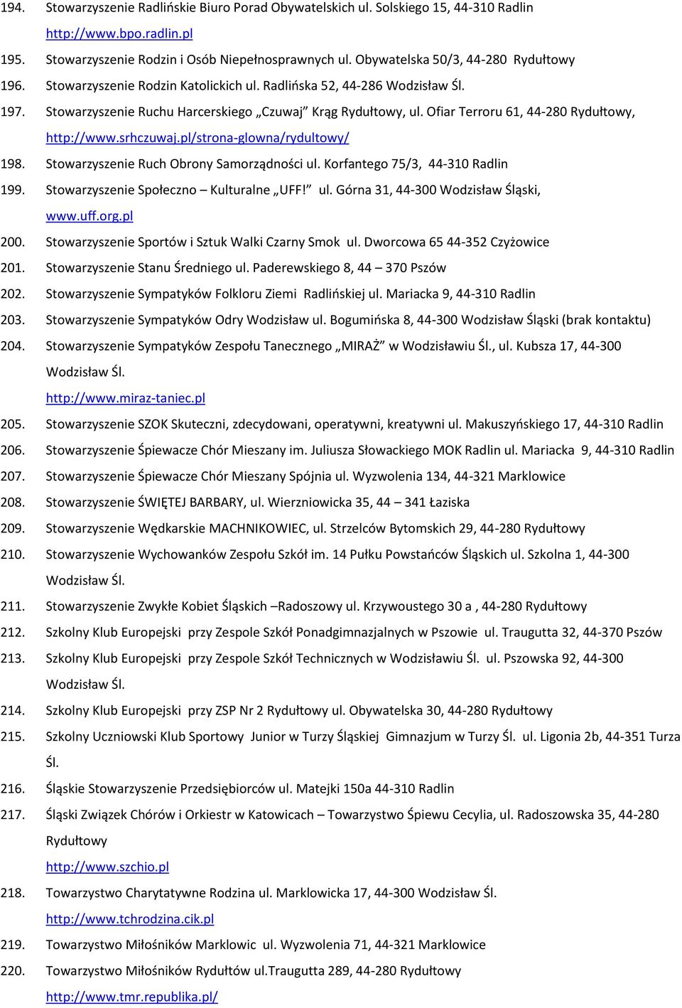 Ofiar Terroru 61, 44-280 Rydułtowy, http://www.srhczuwaj.pl/strona-glowna/rydultowy/ 198. Stowarzyszenie Ruch Obrony Samorządności ul. Korfantego 75/3, 44-310 Radlin 199.