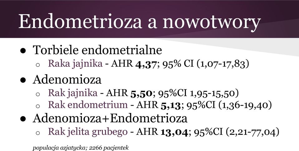 Rak endometrium - AHR 5,13; 95%CI (1,36-19,40) Adenomioza+Endometrioza o Rak