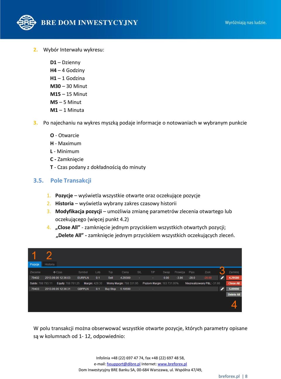 Pozycje wyświetla wszystkie otwarte oraz oczekujące pozycje 2. Historia wyświetla wybrany zakres czasowy historii 3.