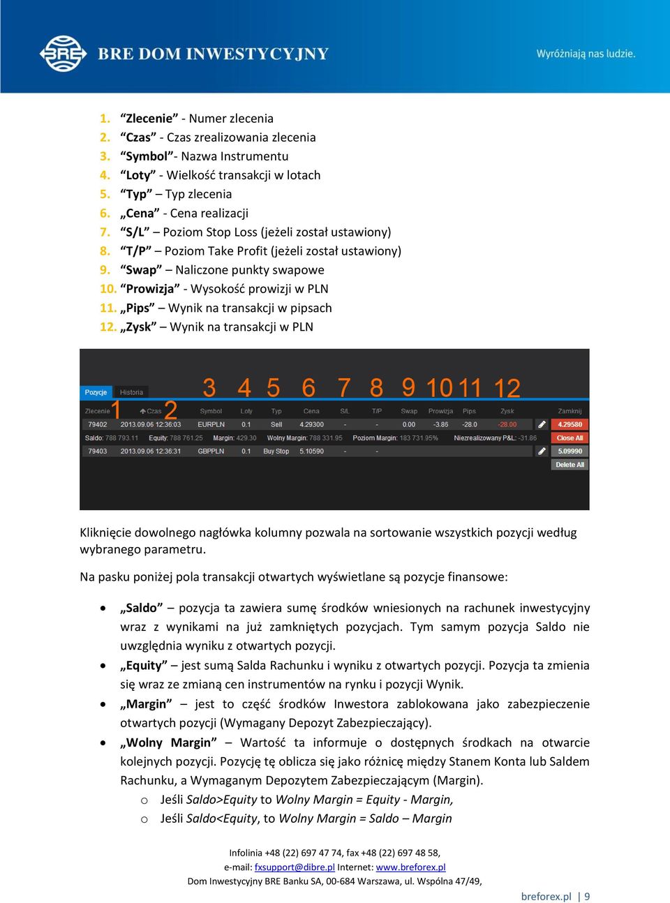 Pips Wynik na transakcji w pipsach 12. Zysk Wynik na transakcji w PLN Kliknięcie dowolnego nagłówka kolumny pozwala na sortowanie wszystkich pozycji według wybranego parametru.