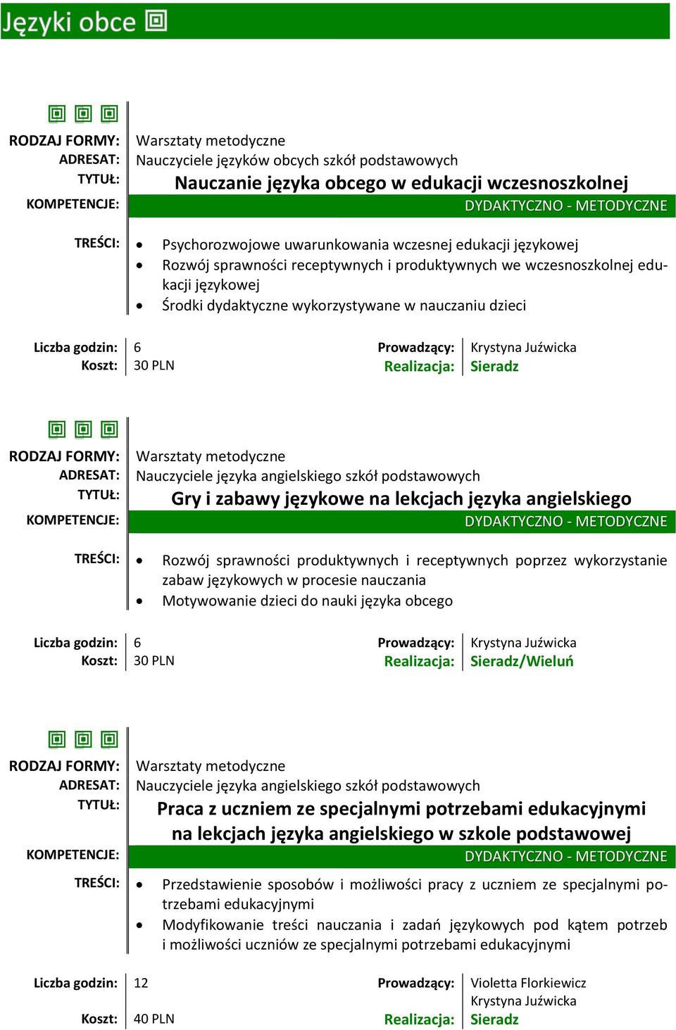 angielskiego TREŚCI: Rozwój sprawności produktywnych i receptywnych poprzez wykorzystanie zabaw językowych w procesie nauczania Motywowanie dzieci do nauki języka obcego /Wieluń Nauczyciele języka