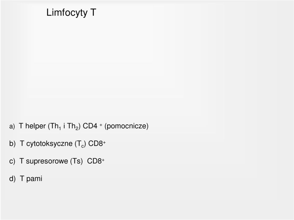 niektóre tymocyty tracą CD4 i stają się CD8 +, inne tracą CD8 i stają się CD4 + Subpopulacje limfocytów T a) T helper (Th 1 i Th 2 )