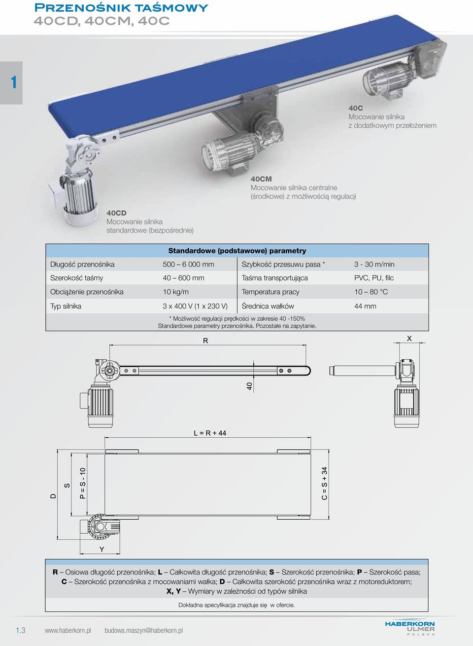 przenośnika 10 kg/m Temperatura pracy 10 80 C Typ silnika 3 x 400 V (1 x 230 V) Średnica wałków 44 mm * Możliwość regulacji prędkości w zakresie 40-150% Standardowe parametry przenośnika.