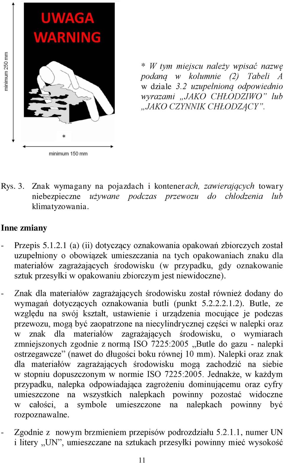 Znak wymagany na pojazdach i kontenerach, zawierających towary niebezpieczne używane podczas przewozu do chłodzenia lub klimatyzowania. Inne zmiany - Przepis 5.1.2.