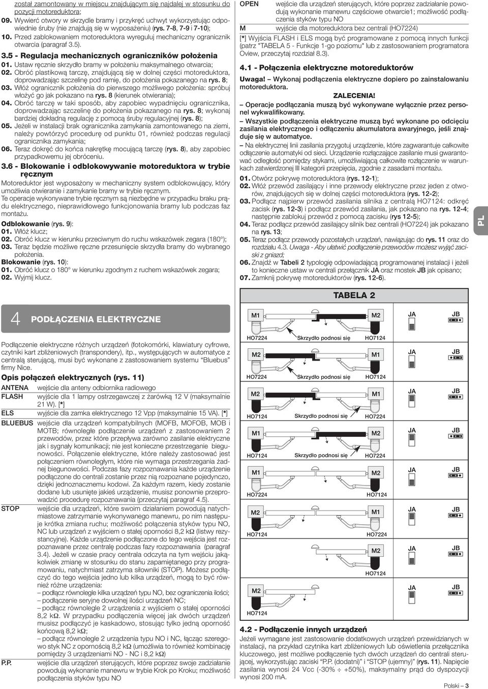 Przed zablokowaniem motoreduktora wyreguluj mechaniczny ogranicznik otwarcia (paragraf 3.5). 3.5 - Regulacja mechanicznych ograniczników położenia 0.