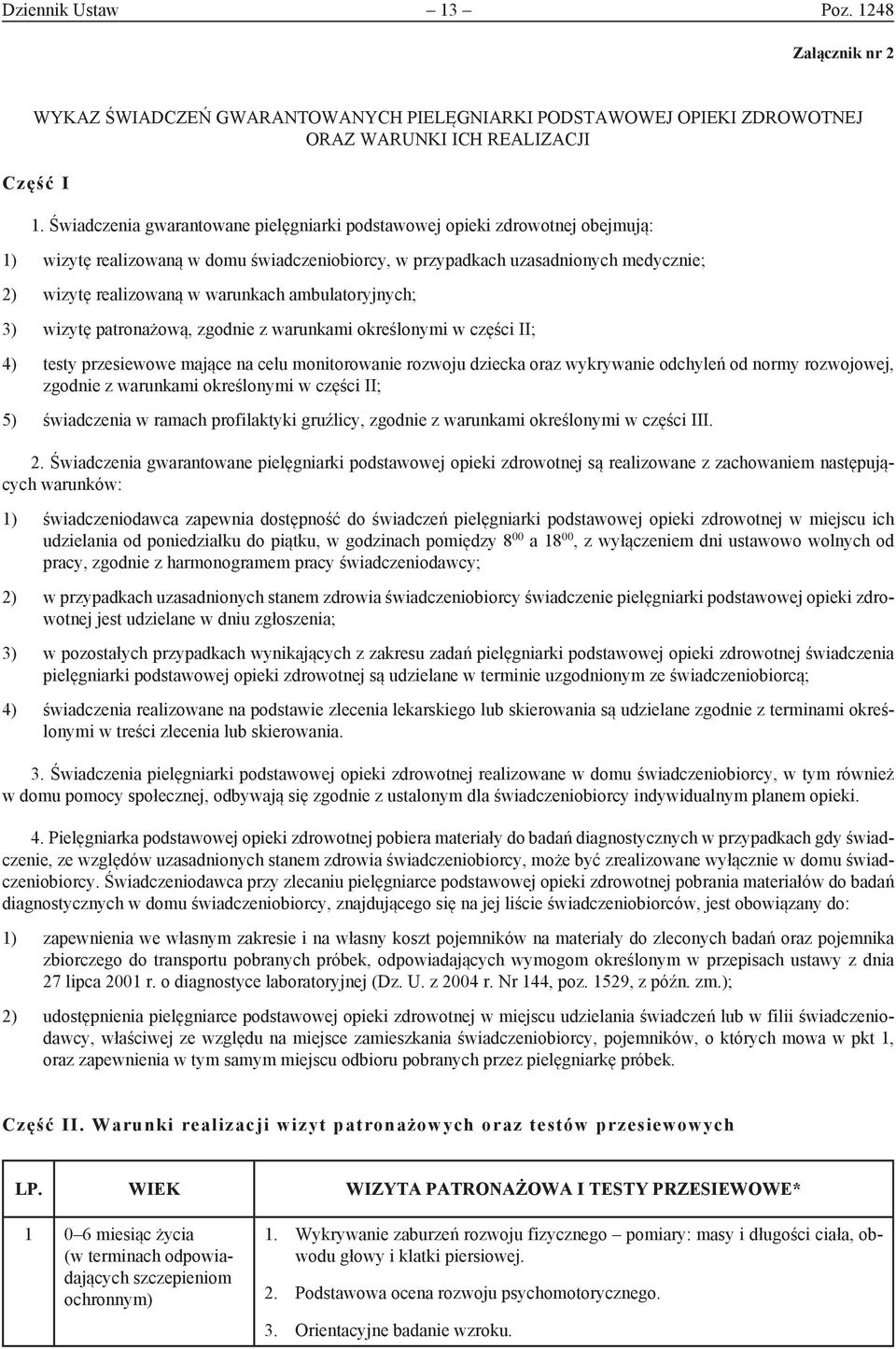 ambulatoryjnych; 3) wizytę patronażową, zgodnie z warunkami określonymi w części II; 4) testy przesiewowe mające na celu monitorowanie rozwoju dziecka oraz wykrywanie odchyleń od normy rozwojowej,