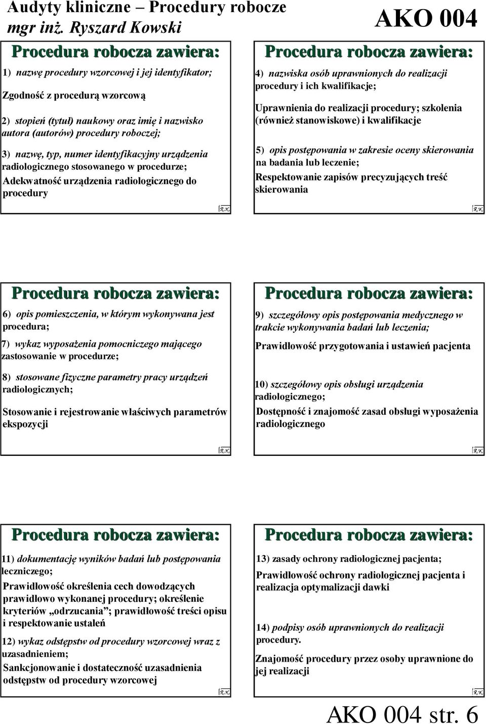 kwalifikacje 5) opis postępowania w zakresie oceny skierowania Respektowanie zapisów precyzujących treść skierowania 6) opis pomieszczenia, w którym wykonywana jest 7) wykaz wyposażenia pomocniczego