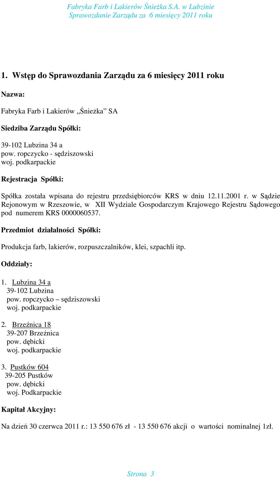 w Sądzie Rejonowym w Rzeszowie, w XII Wydziale Gospodarczym Krajowego Rejestru Sądowego pod numerem KRS 0000060537.