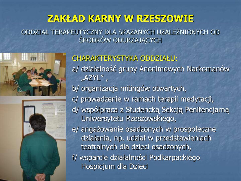 medytacji, d/ współpraca z Studencką Sekcją Penitencjarną Uniwersytetu Rzeszowskiego, e/ angażowanie osadzonych w prospołeczne