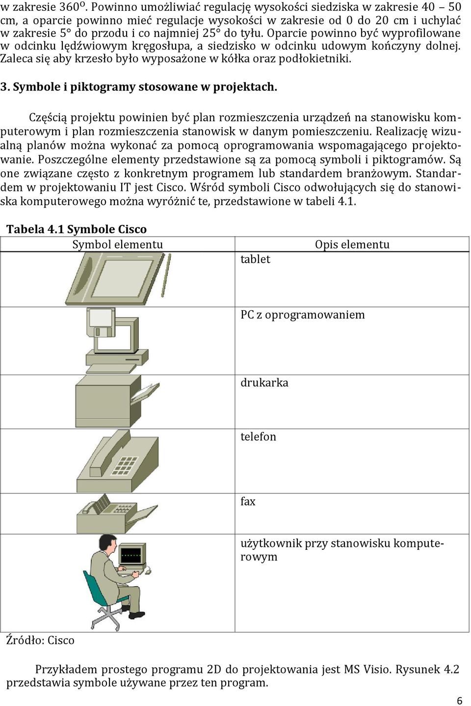 Oparcie powinno być wyprofilowane w odcinku lędźwiowym kręgosłupa, a siedzisko w odcinku udowym kończyny dolnej. Zaleca się aby krzesło było wyposażone w kółka oraz podłokietniki. 3.