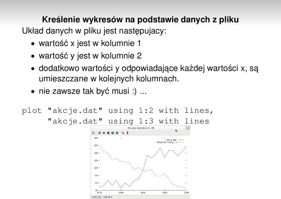 wartości y odpowiadajace każdej wartości x, sa umieszczane w kolejnych kolumnach.