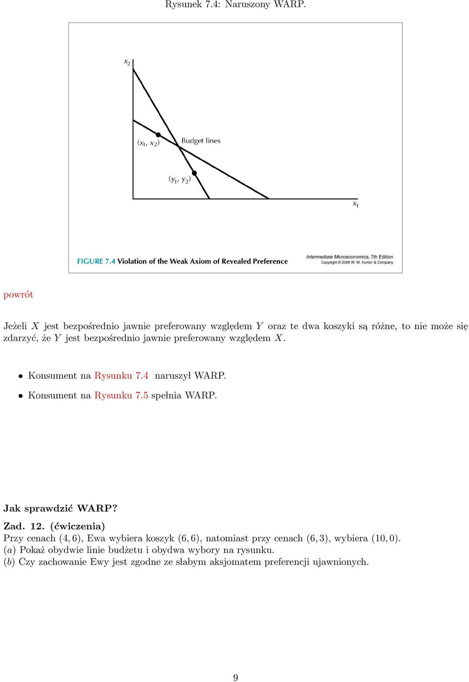 jawnie preferowany wzgledem X. Konsument na Rysunku 7.4 naruszy l WARP. Konsument na Rysunku 7.5 spe lnia WARP. Jak sprawdzić WARP? Zad.