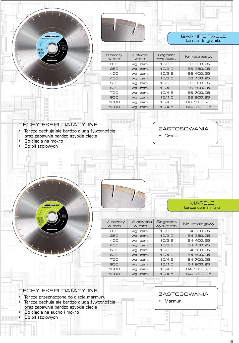 wg zam. 10/4,5 66.1200.25 Tarcza cechuje się bardzo długą żywotnością oraz zapewnia bardzo szybkie cięcie Do cięcia na mokro Do pił stołowych Granit marble tarcza do marmuru 300 wg zam. 10/3,0 64.300.25 350 wg zam.