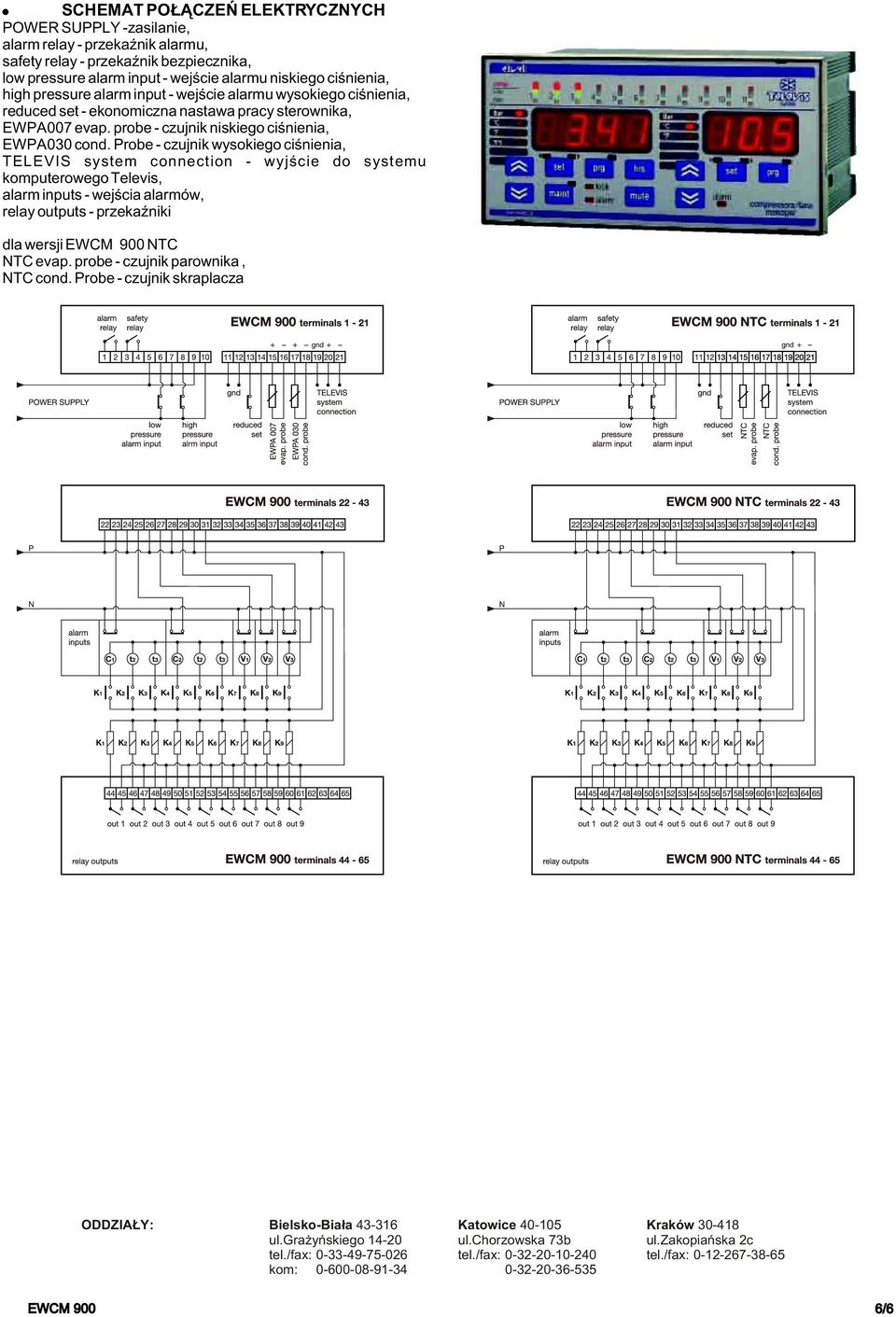 Probe czujnik wysokiego ciœnienia, TELEVIS system connection wyjœcie do systemu komputerowego Televis, alarm inputs wejœcia alarmów, relay outputs przekaÿniki dla wersji EWCM 900 NTC NTC evap.