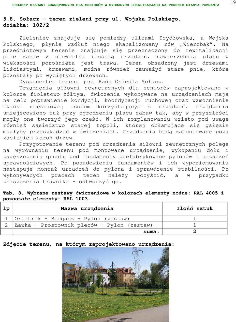 Teren obsadzony jest drzewami liściastymi, krzewami, można również zauważyć stare pnie, które pozostały po wyciętych drzewach. Dysponentem terenu jest Rada Osiedla Sołacz.