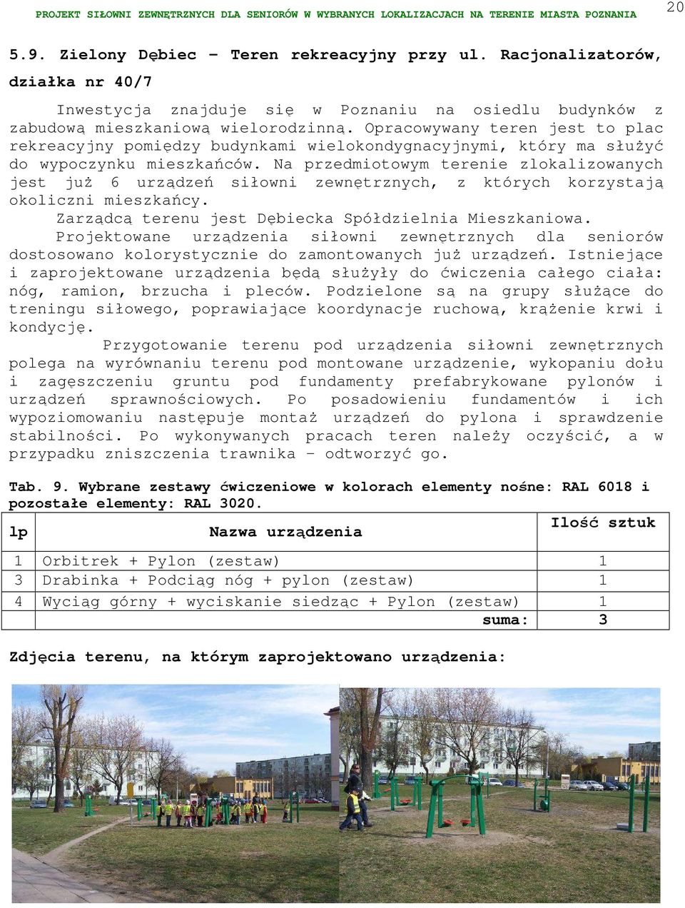 Na przedmiotowym terenie zlokalizowanych jest już 6 urządzeń siłowni zewnętrznych, z których korzystają okoliczni mieszkańcy. Zarządcą terenu jest Dębiecka Spółdzielnia Mieszkaniowa.