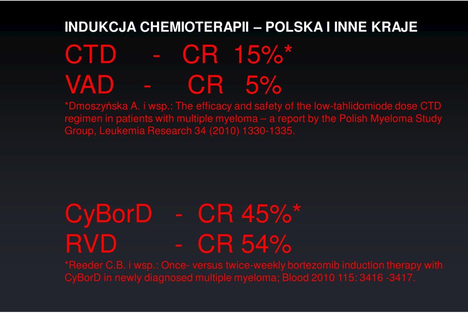 the Polish Myeloma Study Group, Leukemia Research 34 (2010) 1330-1335. CyBorD - CR 45%* RVD - CR 54% *Reeder C.B. i wsp.