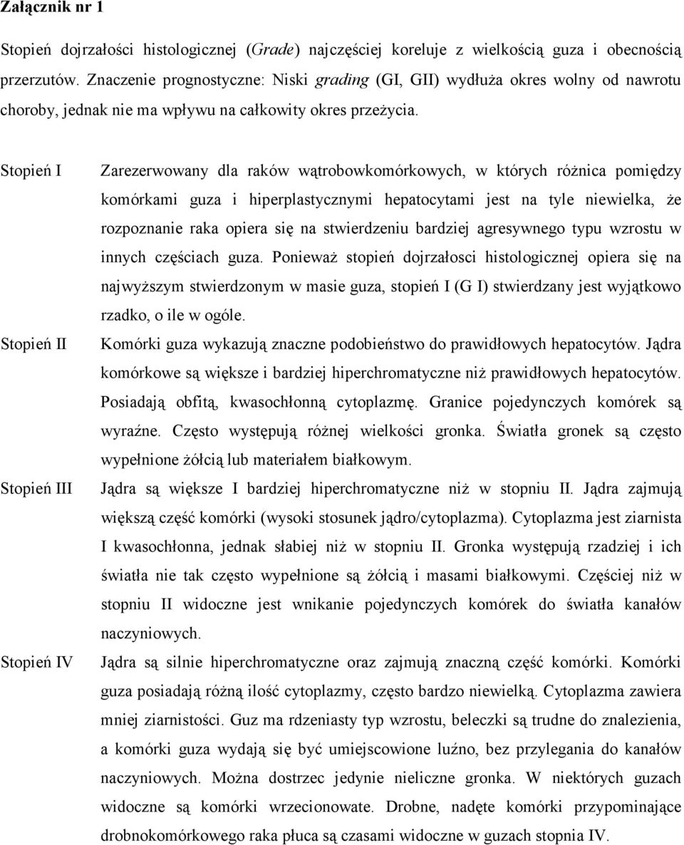 Stopień I Stopień II Stopień III Stopień IV Zarezerwowany dla raków wątrobowkomórkowych, w których róŝnica pomiędzy komórkami guza i hiperplastycznymi hepatocytami jest na tyle niewielka, Ŝe