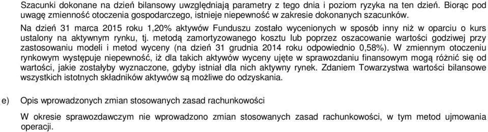 Na dzień 31 marca 2015 roku 1,20% aktywów Funduszu zostało wycenionych w sposób inny niż w oparciu o kurs ustalony na aktywnym rynku, tj.