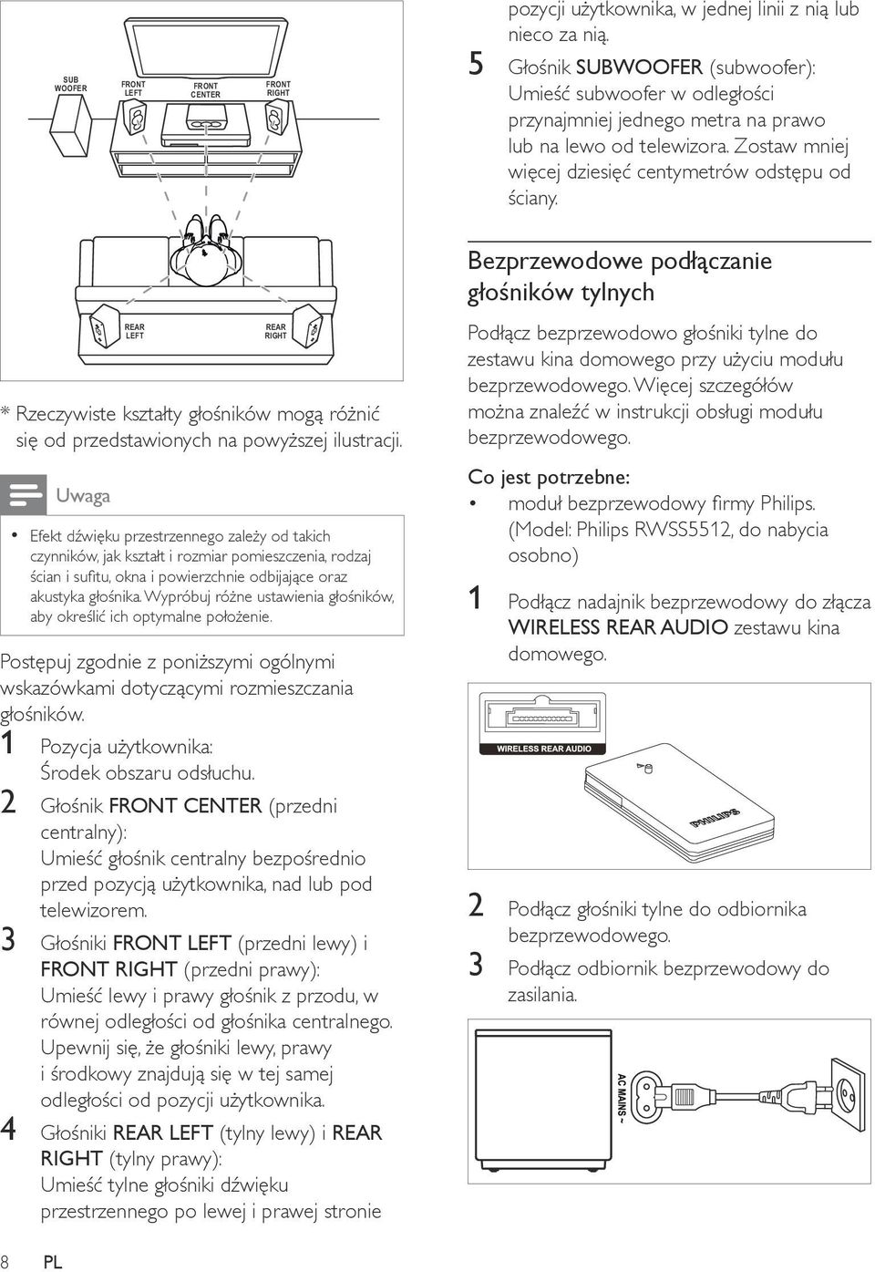 Bezprzewodowe podłączanie głośników tylnych * Rzeczywiste kształty głośników mogą różnić się od przedstawionych na powyższej ilustracji.