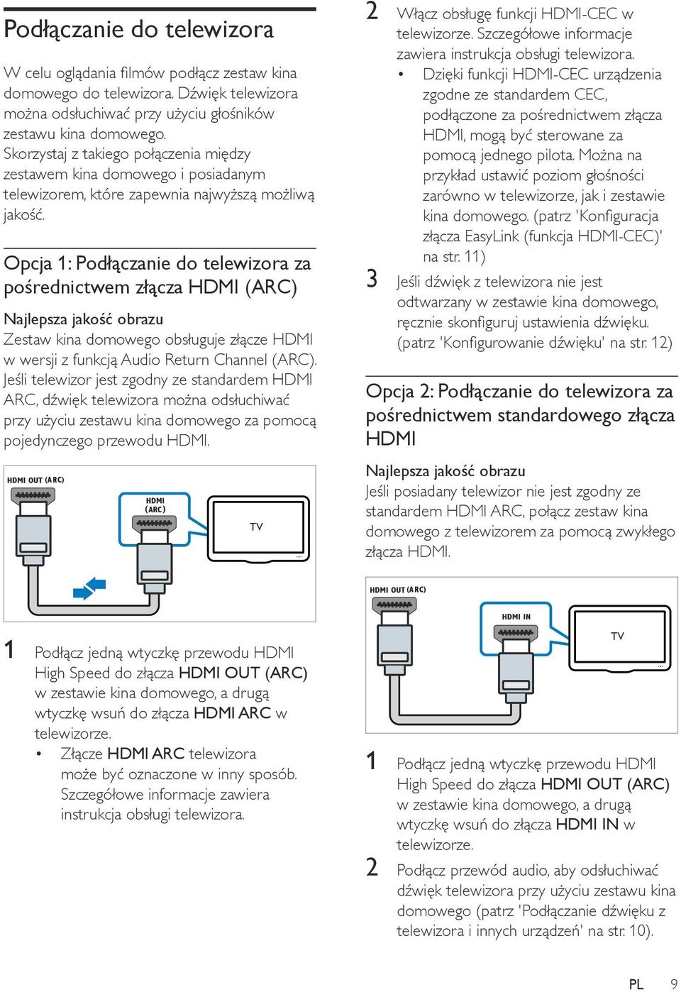 Opcja 1: Podłączanie do telewizora za pośrednictwem złącza HDMI (ARC) Najlepsza jakość obrazu Zestaw kina domowego obsługuje złącze HDMI w wersji z funkcją Audio Return Channel (ARC).