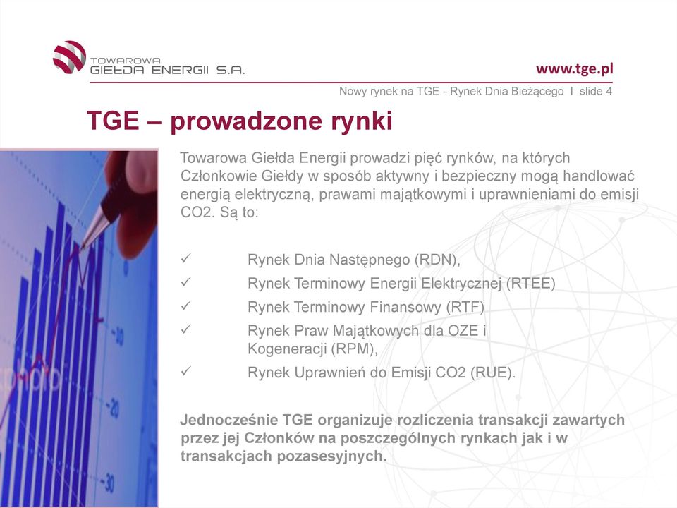 Są to: Rynek Dnia Następnego (RDN), Rynek Terminowy Energii Elektrycznej (RTEE) Rynek Terminowy Finansowy (RTF) Rynek Praw Majątkowych dla OZE i