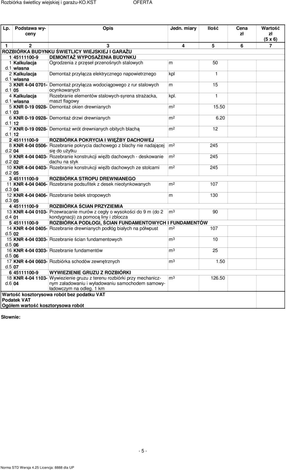 Demontaż przyłącza elektrycznego napowietrznego kpl 1 3 KNR 4-04 0701- Demontaż przyłącza wodociągowego z rur stalowych m 15 d.