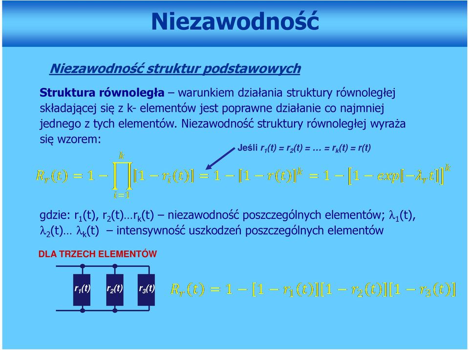 Niezawodność struktury równoległej wyraża się wzorem: Jeśli r 1 (t) = r 2 (t) = = r k (t) = r(t) gdzie: r 1 (t), r 2 (t) r