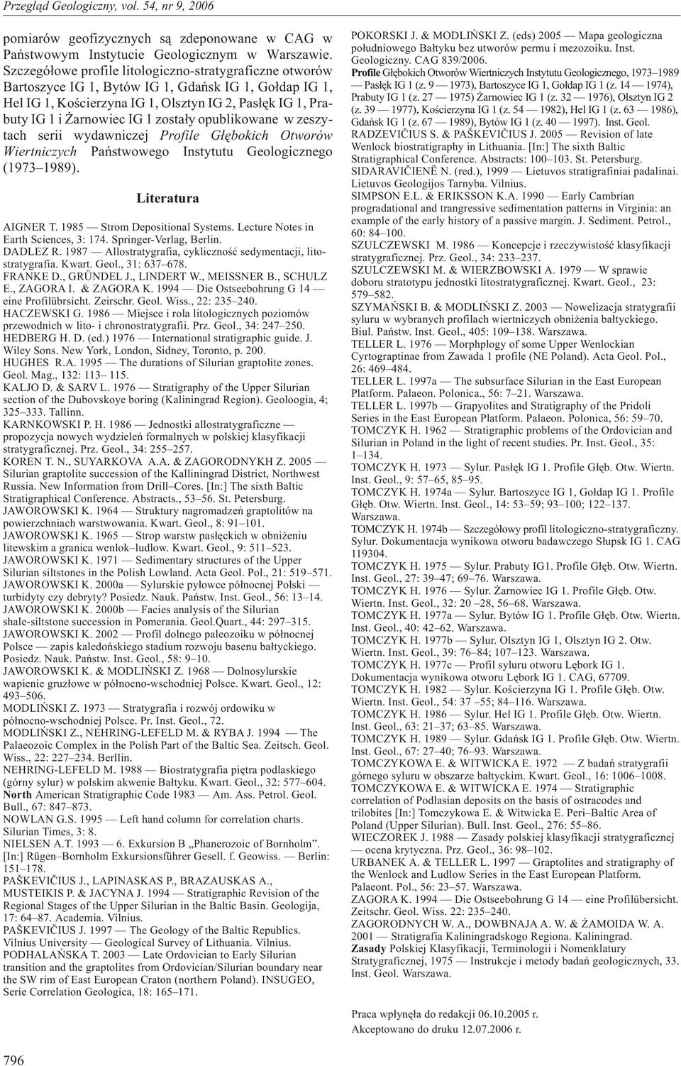 zosta³y opublikowane w zeszytach serii wydawniczej Profile G³êbokich Otworów Wiertniczych Pañstwowego Instytutu Geologicznego (1973 1989). Literatura AIGNER T. 1985 Strom Depositional Systems.