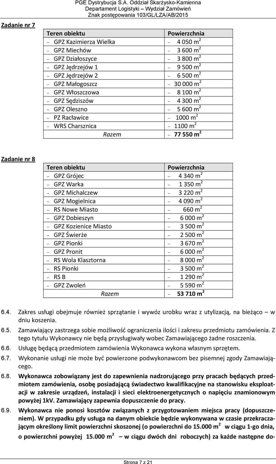 GPZ Jędrzejów 2 6 500 m 2 GPZ Małogoszcz 30 000 m 2 GPZ Włoszczowa 8 100 m 2 GPZ Sędziszów 4 300 m 2 GPZ Oleszno 5 600 m 2 PZ Racławice 1000 m 2 WRS Charsznica 1100 m 2 Razem 77 550 m 2 Zadanie nr 8