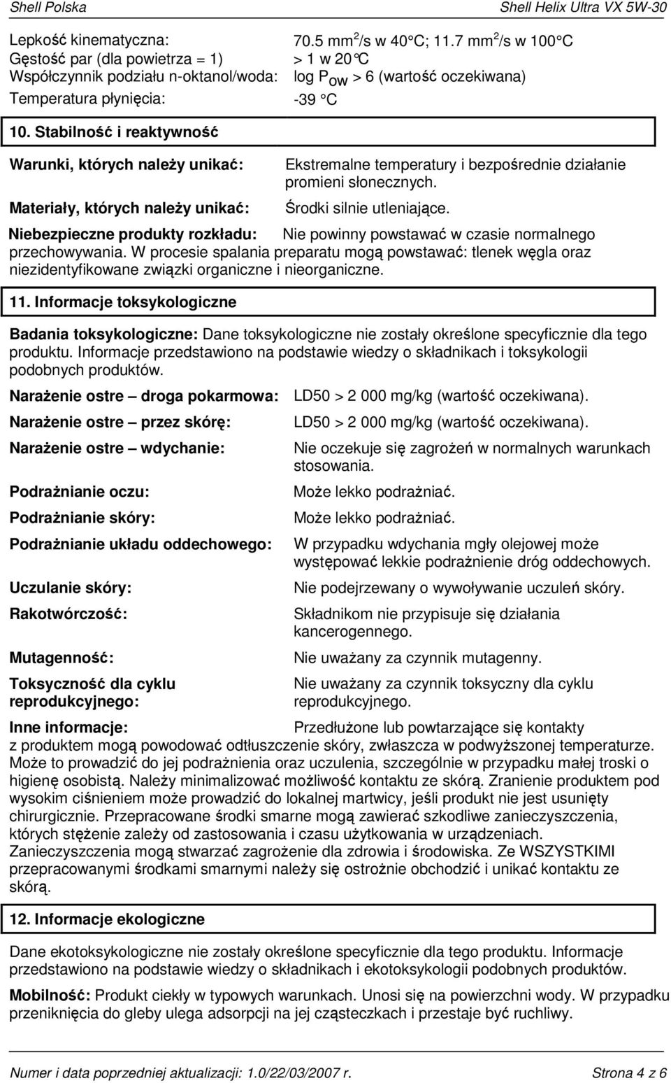 Stabilność i reaktywność Warunki, których należy unikać: Materiały, których należy unikać: Ekstremalne temperatury i bezpośrednie działanie promieni słonecznych. Środki silnie utleniające.