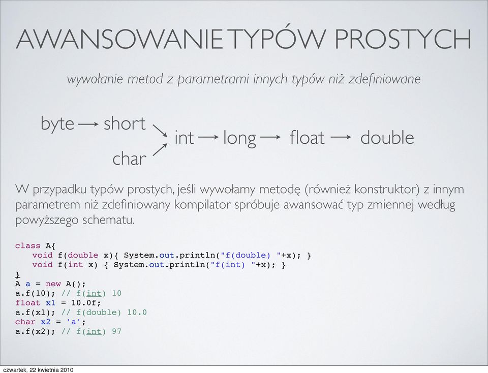 awansować typ zmiennej według powyższego schematu. class A{ % void f(double x){ System.out.