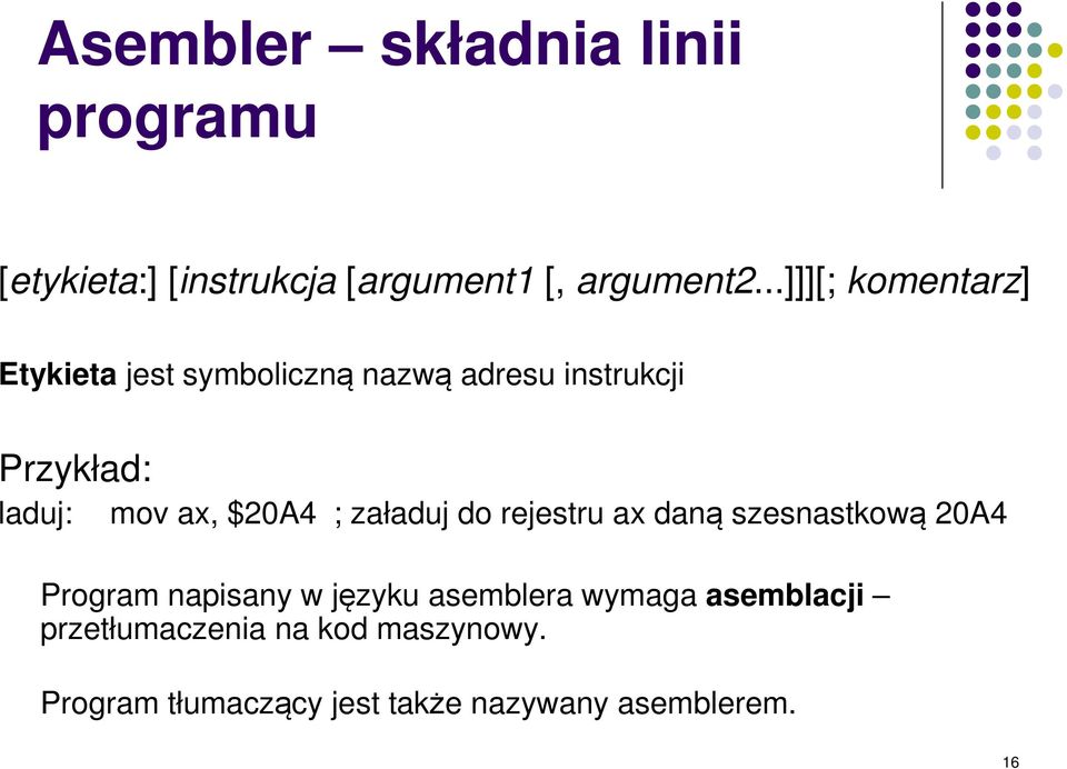 ax, $20A4 ; załaduj do rejestru ax daną szesnastkową 20A4 Program napisany w języku