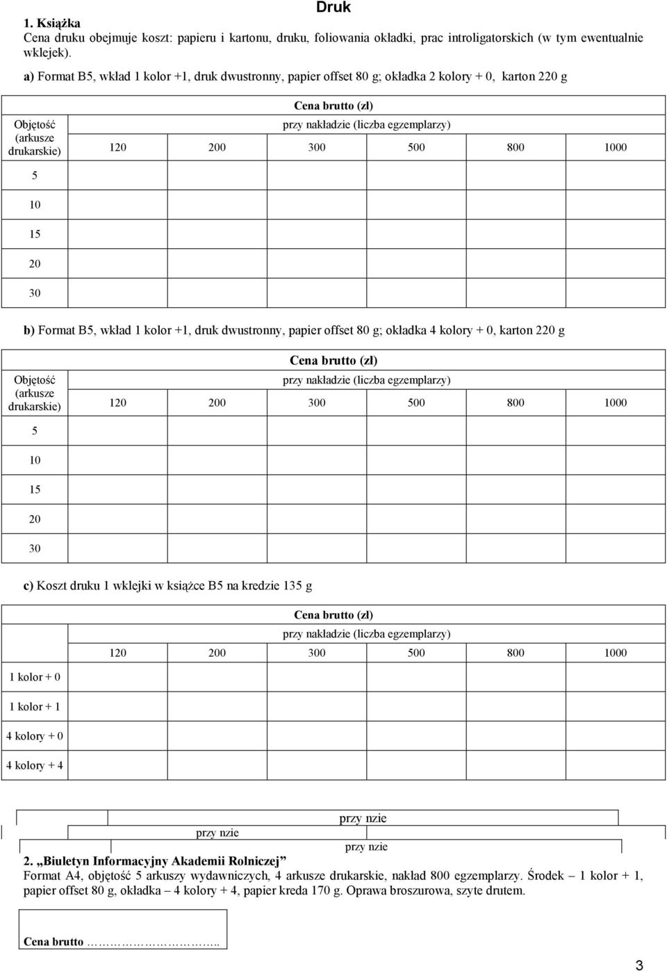 papier offset 80 g; okładka + 0, karton 220 g Objętość (arkusze drukarskie) 120 200 300 500 800 1000 5 10 15 20 30 c) Koszt druku 1 wklejki w ksiąŝce B5 na kredzie 135 g 120 200 300 500 800 1000 + 0