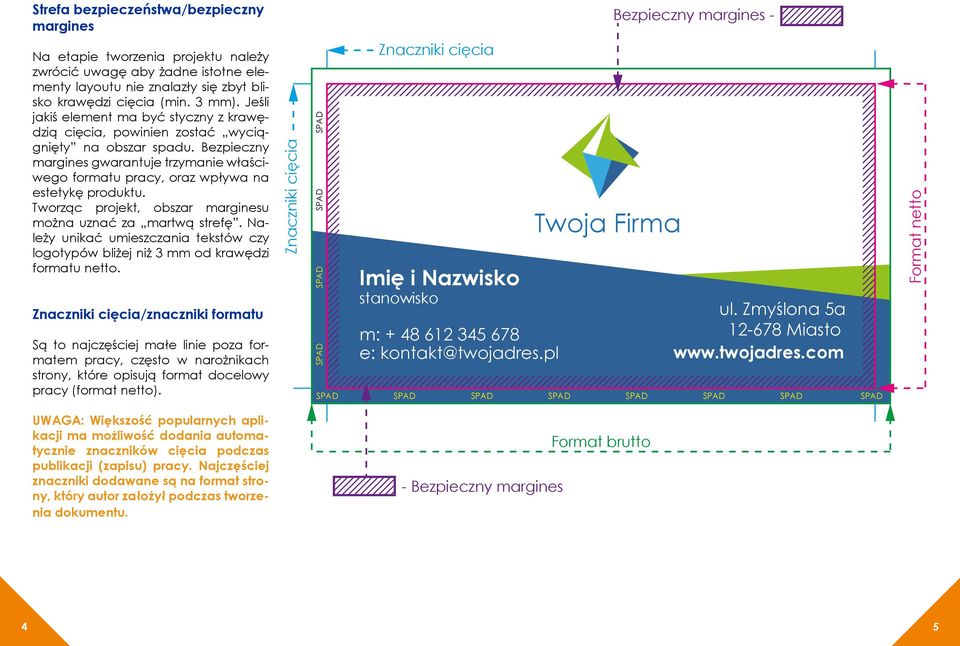 Bezpieczny margines gwarantuje trzymanie właściwego formatu pracy, oraz wpływa na estetykę produktu. Tworząc projekt, obszar marginesu można uznać za martwą strefę.