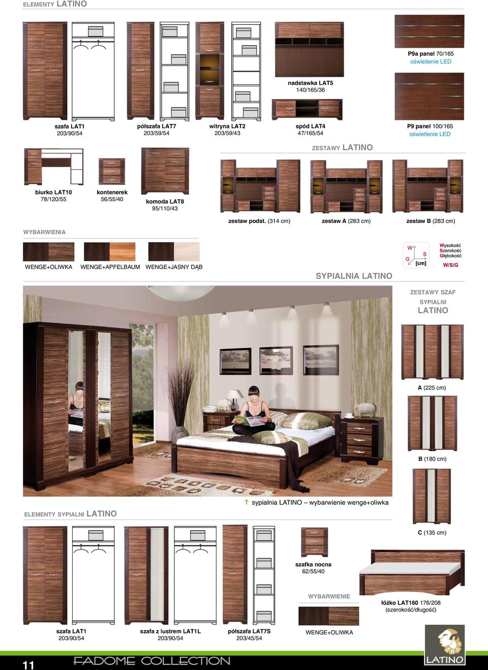 (314 cm) zestaw A (283 cm) zestaw B (283 cm) wybarwienia WENGE+OLIWKA WENGE+APFELBAUM WENGE+JASNY DĄB SYPIALNIA LATINO zestawy szaf sypialni LATINO A (225 cm) B