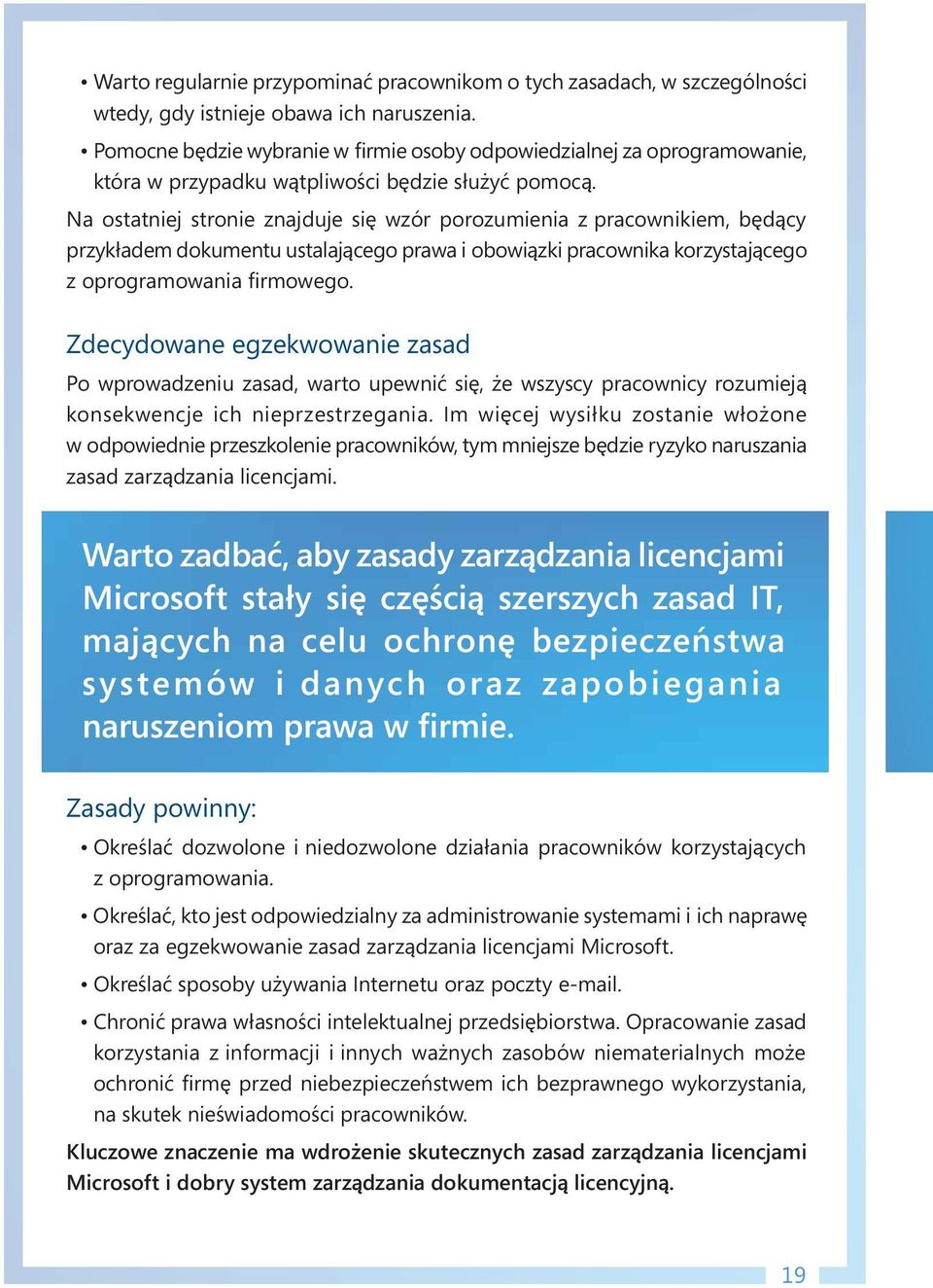 Na ostatniej stronie znajduje się wzór porozumienia z pracownikiem, będący przykładem dokumentu ustalającego prawa i obowiązki pracownika korzystającego z oprogramowania firmowego.