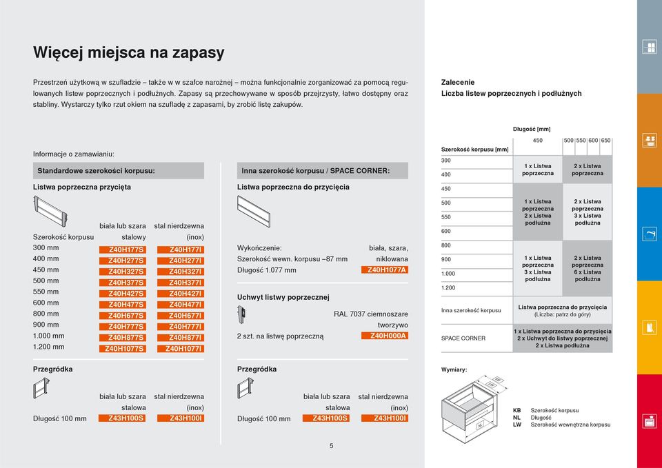 Zalecenie Liczba listew poprzecznych i podłużnych Długość [mm] 450 500 550 600 650 Informacje o zamawianiu: Standardowe szerokości korpusu: Inna szerokość korpusu / SPACE CORNER: Szerokość korpusu