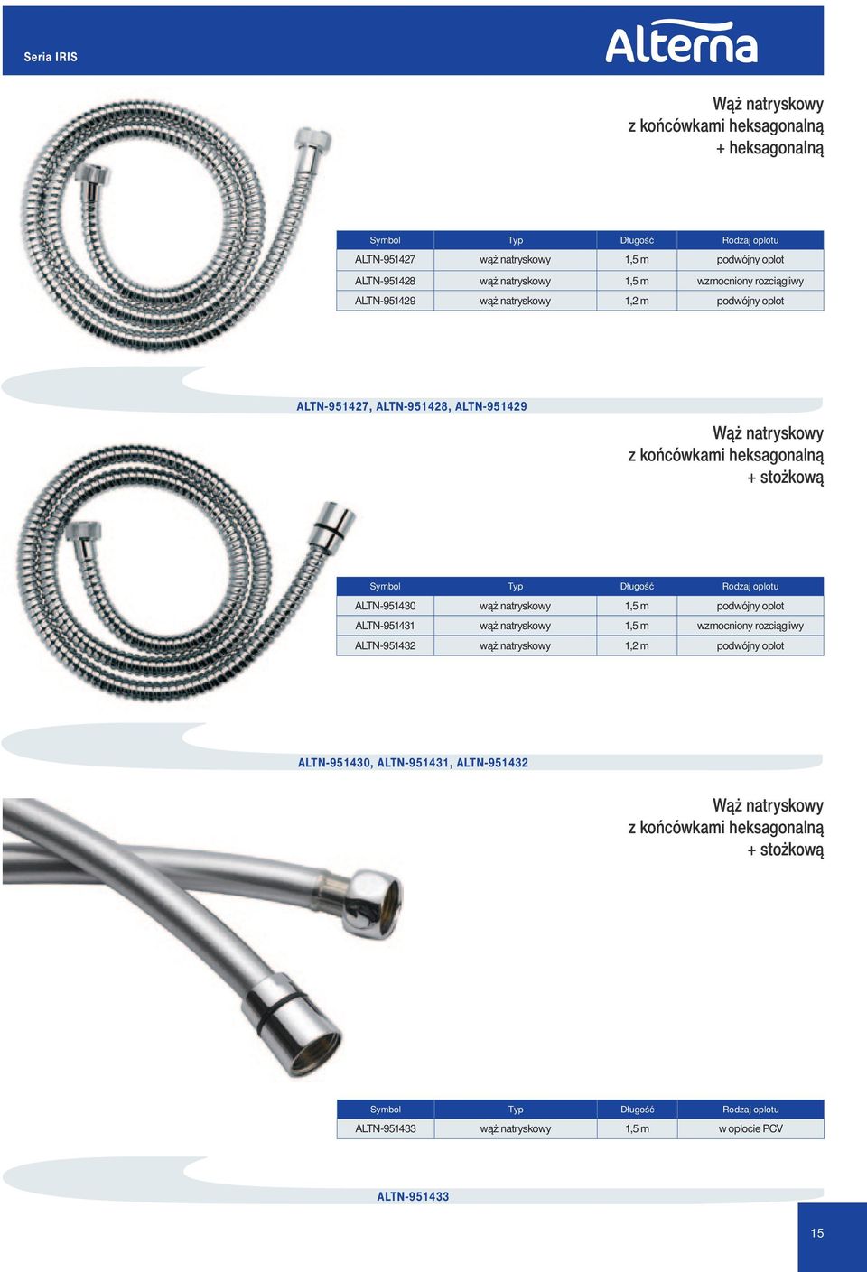 Długość Rodzaj oplotu ALTN-951430 wąż natryskowy 1,5 m podwójny oplot ALTN-951431 wąż natryskowy 1,5 m wzmocniony rozciągliwy ALTN-951432 wąż natryskowy 1,2 m podwójny