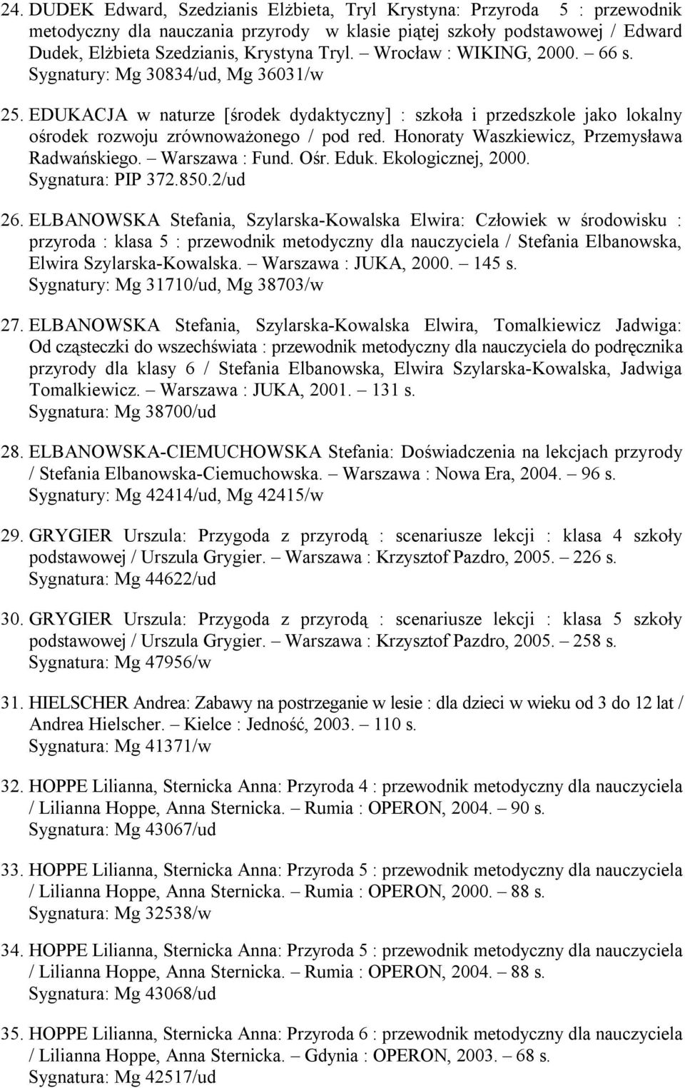 Honoraty Waszkiewicz, Przemysława Radwańskiego. Warszawa : Fund. Ośr. Eduk. Ekologicznej, 2000. Sygnatura: PIP 372.850.2/ud 26.