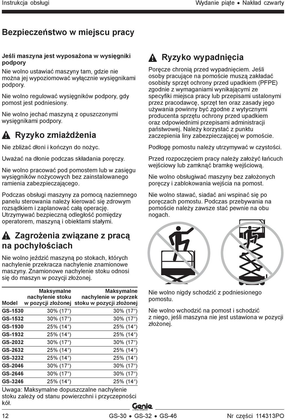 Uważać na dłonie podczas składania poręczy. Nie wolno pracować pod pomostem lub w zasięgu wysięgników nożycowych bez zainstalowanego ramienia zabezpieczającego.