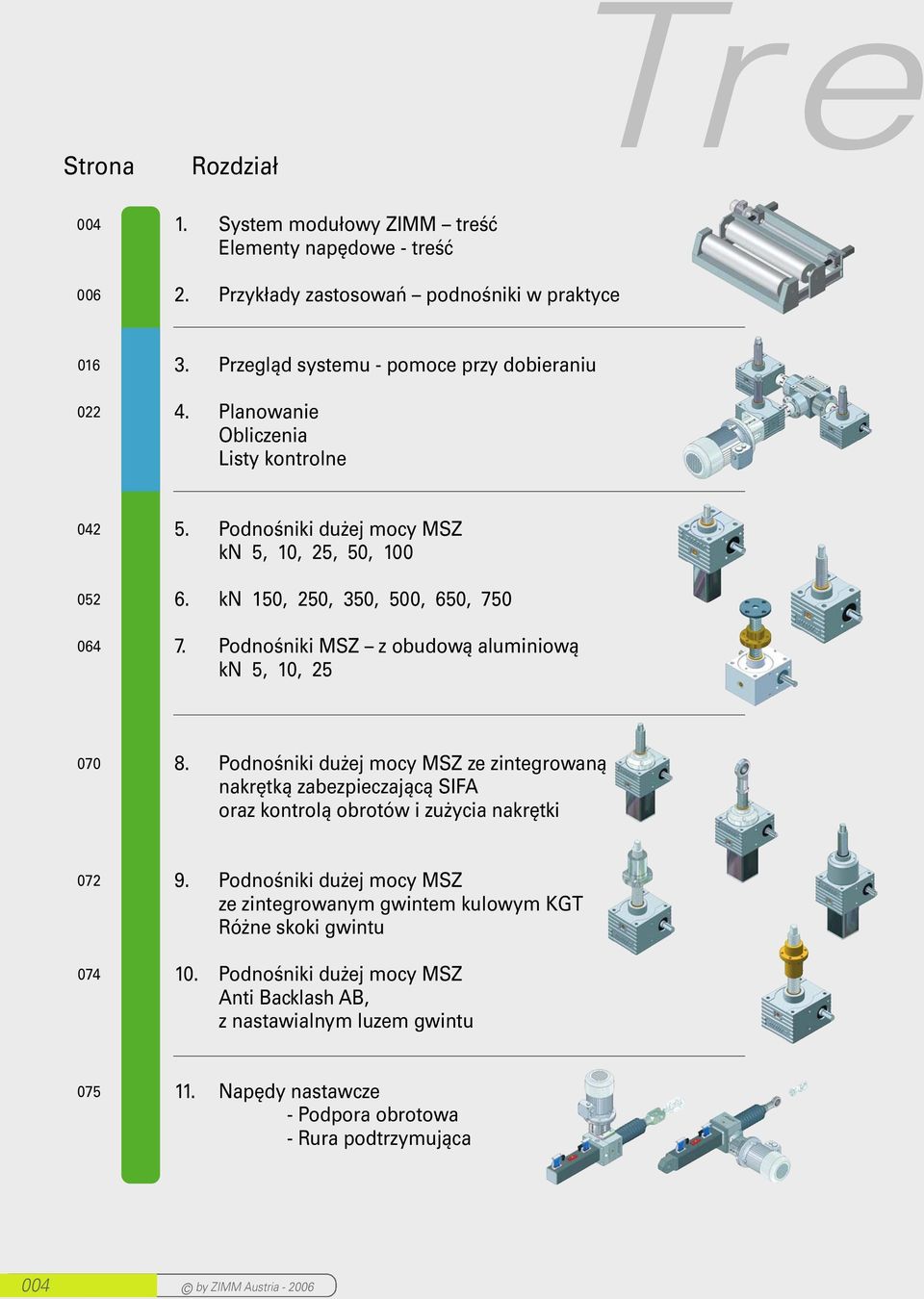 Podnośniki MSZ z obudową aluminiową kn 5,, 070 8. Podnośniki dużej mocy MSZ ze zintegrowaną nakrętką zabezpieczającą SIFA oraz kontrolą obrotów i zużycia nakrętki 072 074 9.