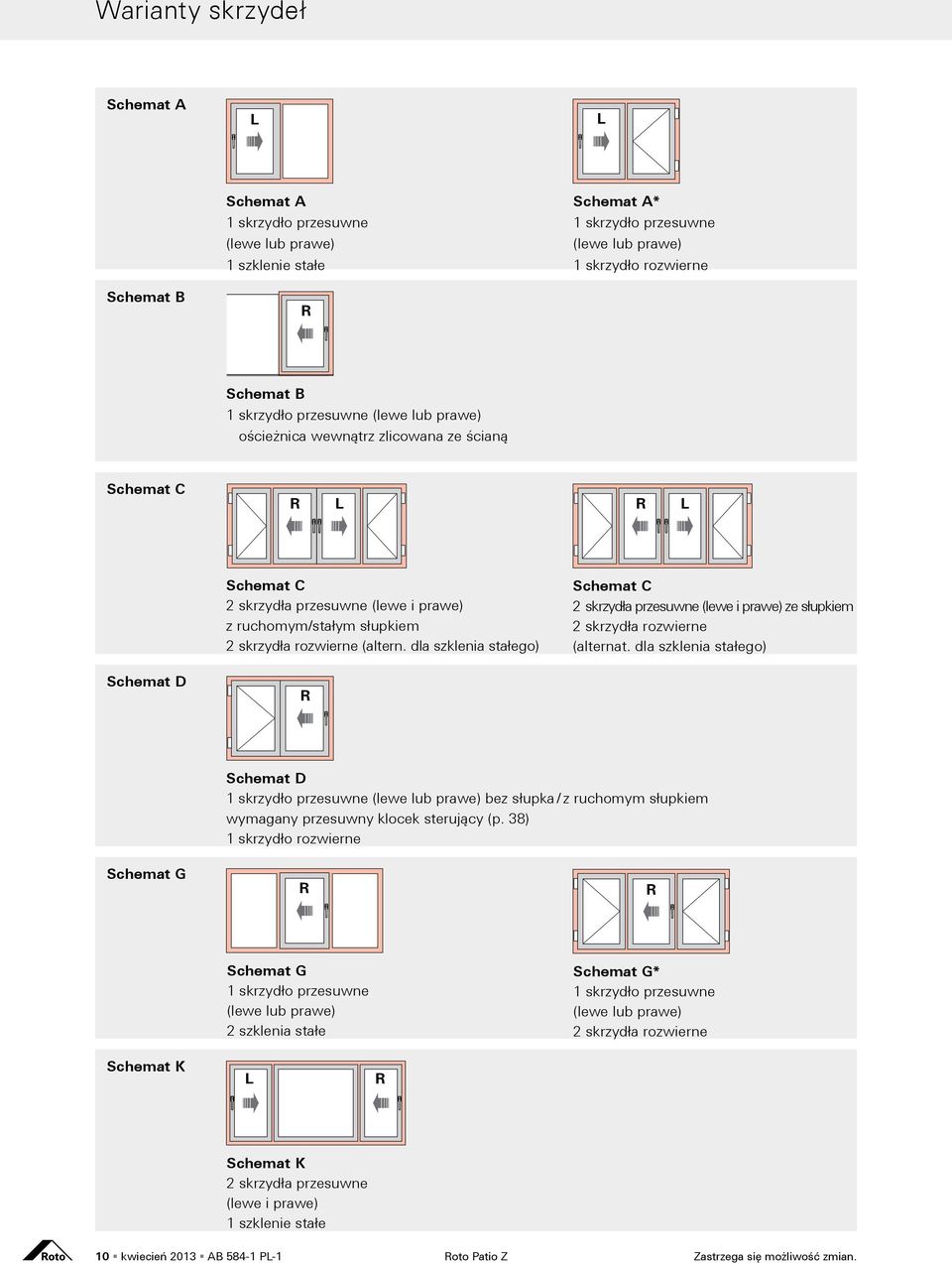 dla szklenia stałego) Schemat C 2 skrzydła przesuwne (lewe i prawe) ze słupkiem 2 skrzydła rozwierne (alternat.