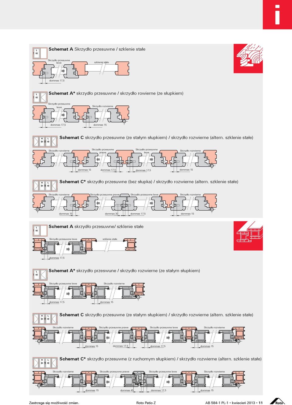 szklenie stałe) Skrzydło przesuwne prawe Skrzydło rozwierne dornmas 15 R L dornmas 17,5 Skrzydło przesuwne lewe Skrzydło rozwierne dornmas 17,5 dornmas 15 Schemat C* skrzydło przesuwne (bez słupka) /