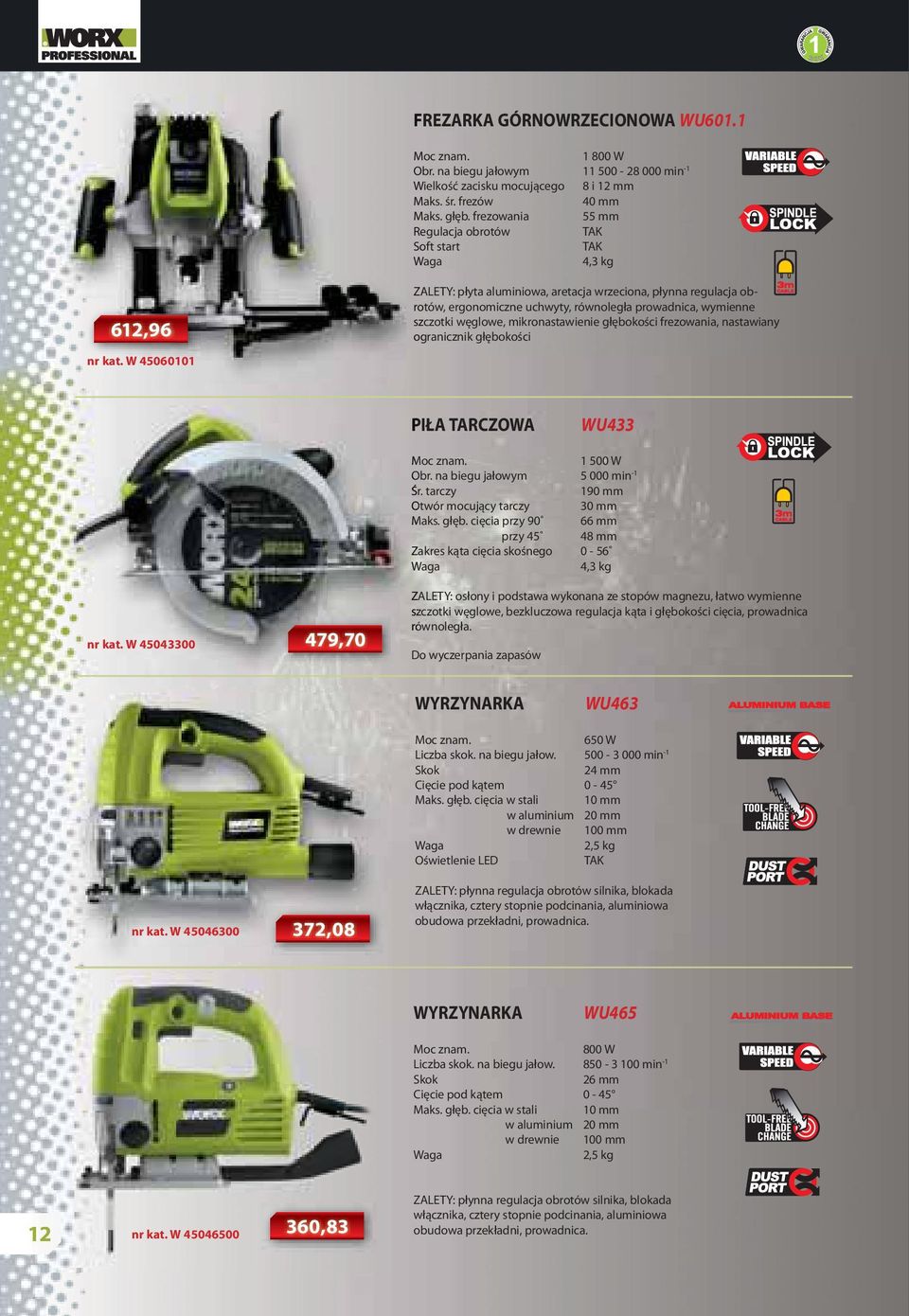 W 45060101 ZALETY: płyta aluminiowa, aretacja wrzeciona, płynna regulacja obrotów, ergonomiczne uchwyty, równoległa prowadnica, wymienne szczotki węglowe, mikronastawienie głębokości frezowania,